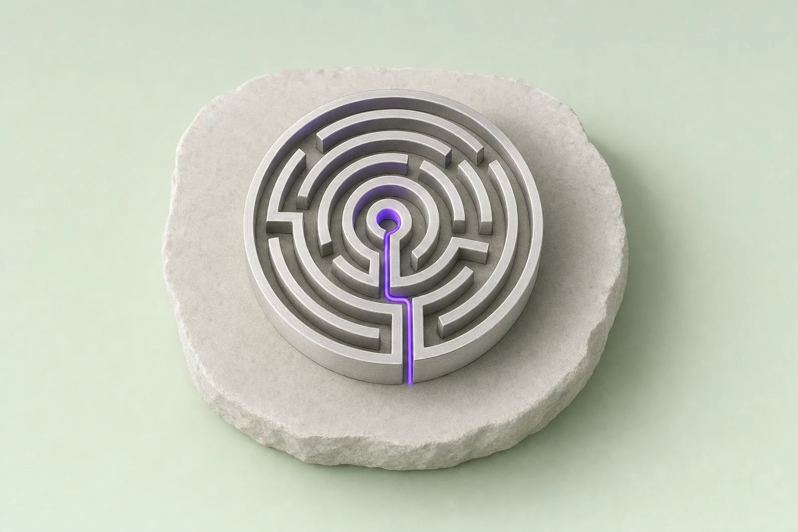 A steel maze on a stone slab with one unbroken violet thread running cleanly from its entrance to its centre