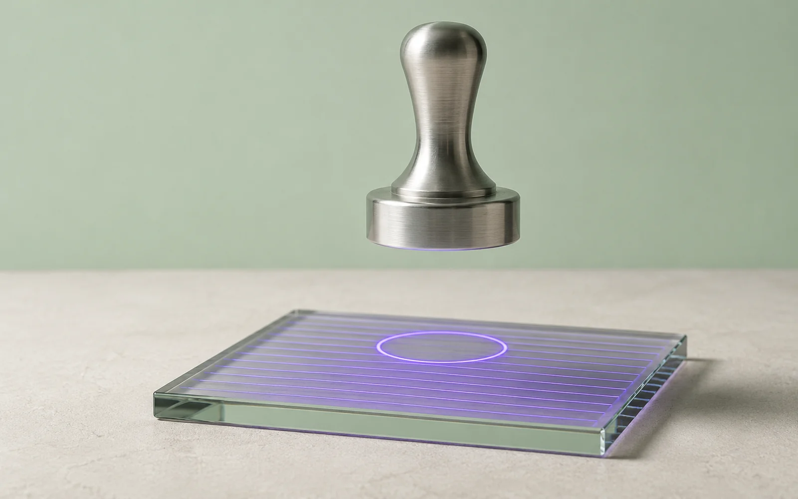 A steel seal suspended above a flat sheet of glass holding violet records, a circle of light already burning where it will land