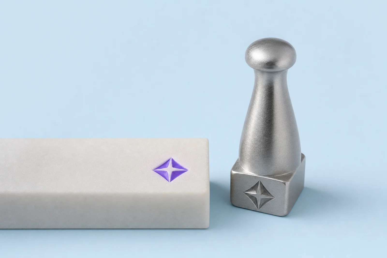 A stack of glass sheets holding violet records, the topmost one lifted clear and signed