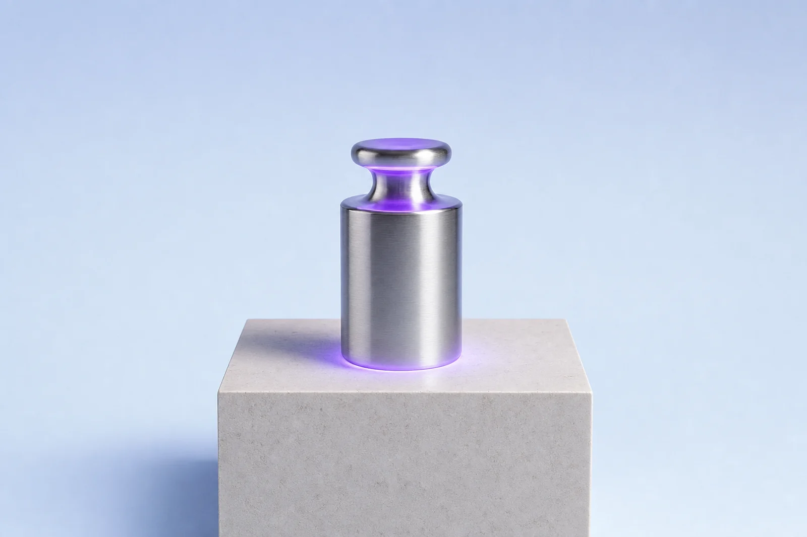 A stone measure standing beside three glass blocks cut to match it exactly