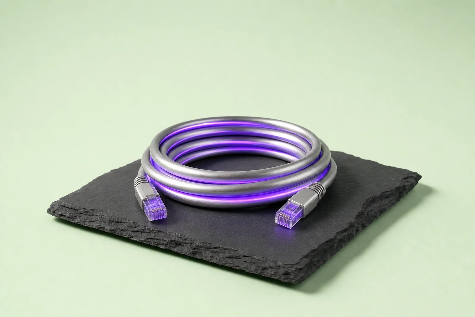 A coiled steel network cable on dark slate with violet light running its full length