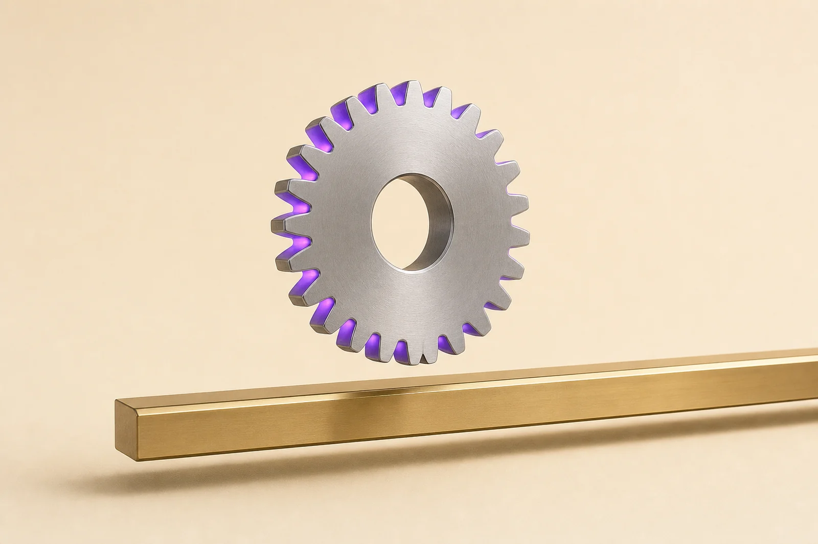 Three meshed steel gears with the largest lifted out of the set and glowing violet along every tooth