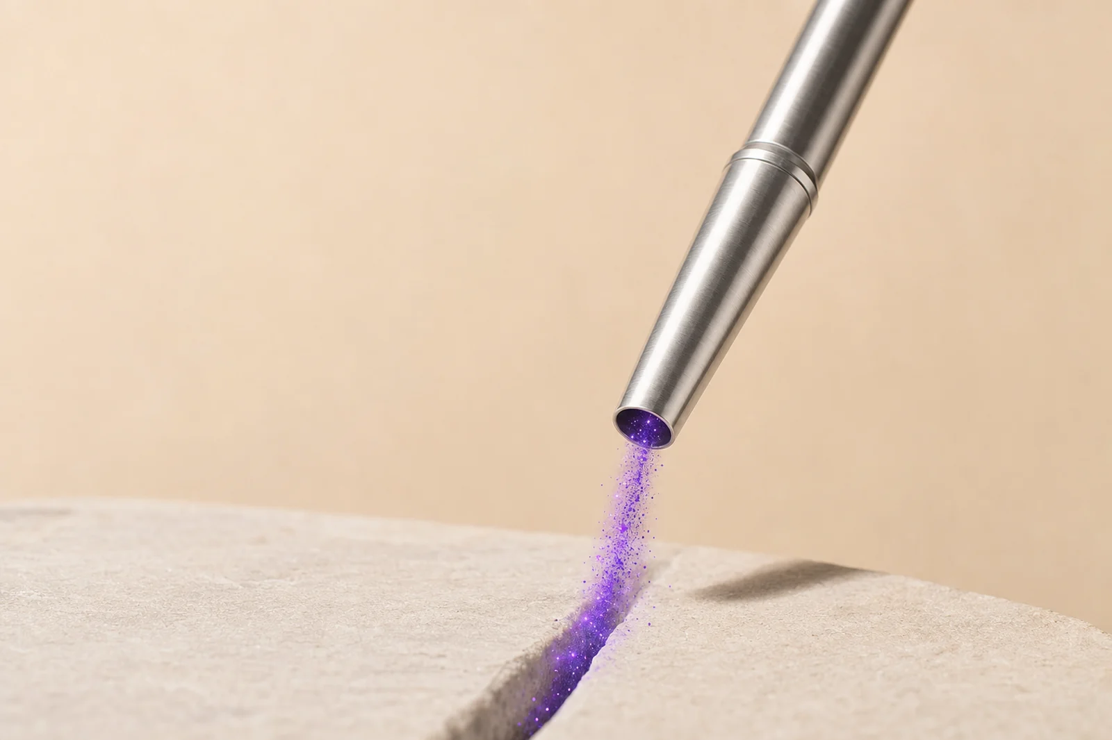 A steel suction nozzle drawing a stream of violet motes back up out of a crack in stone