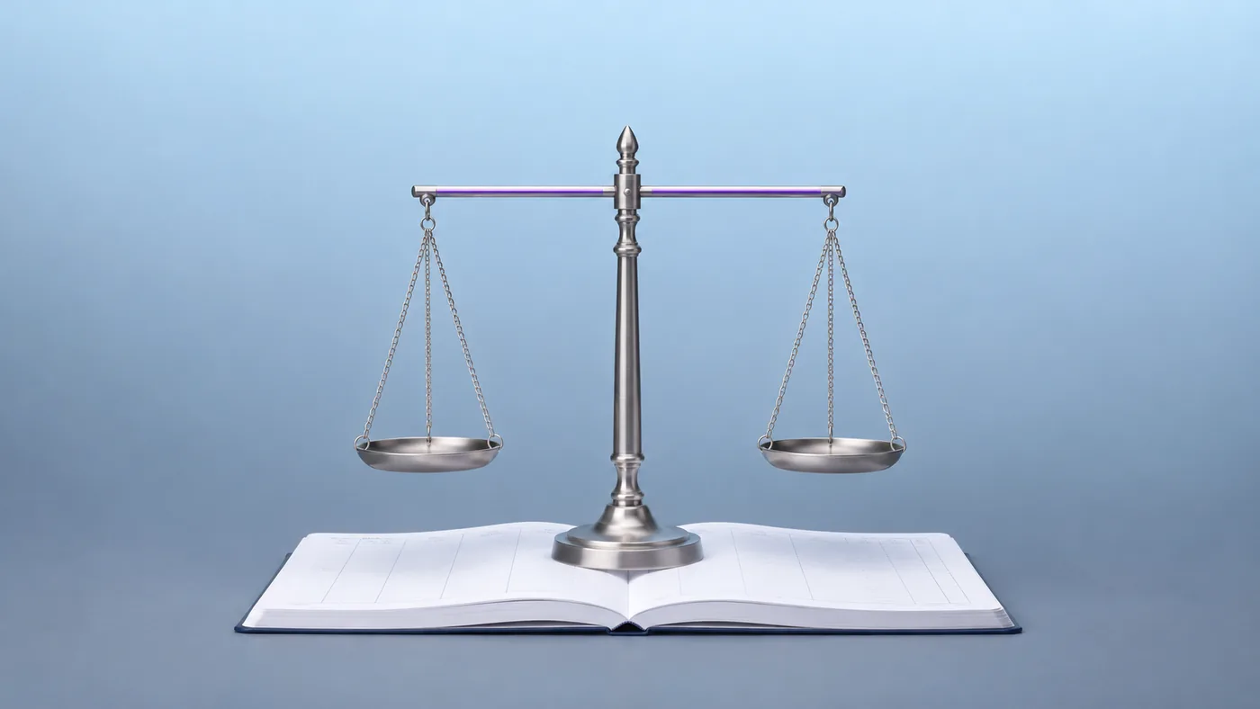 A balance scale standing level on an open ledger, representing Vigor's integrity and efficiency